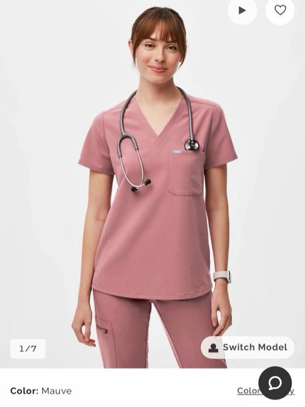 FIGS Casma Three-Pocket Scrub Top V-Neck Pink Small